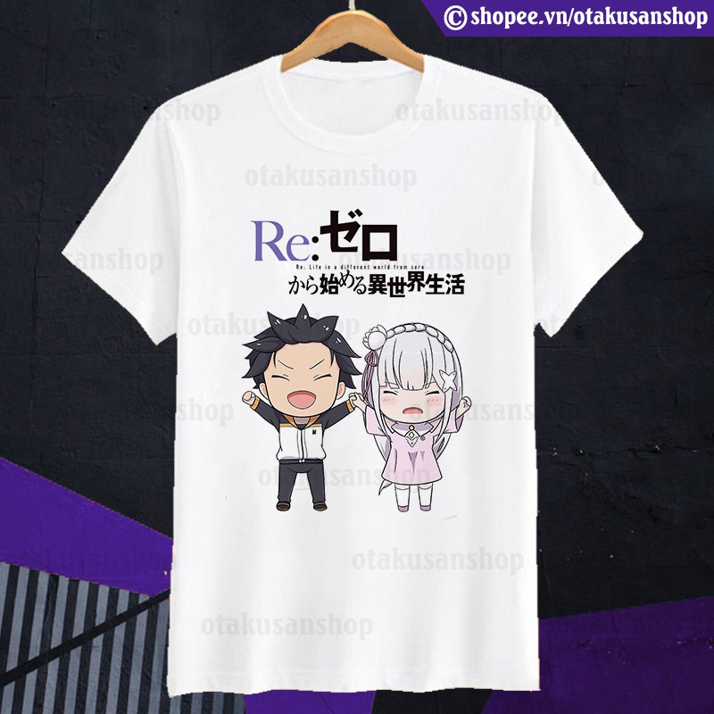 Áo thun anime Re:Zero Subaru & Emilia Chibi ngắn tay