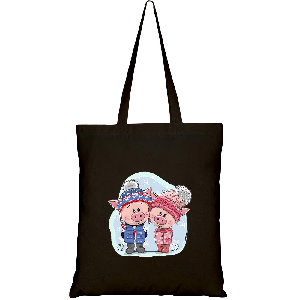 Túi vải tote canvas GINKO in hình cute winter illustration two pigs HT353 5324