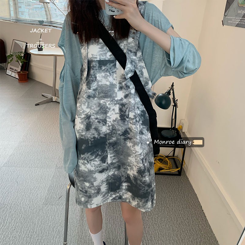 Bộ đầm yếm dáng rộng màu tie-dye phong cách châu Âu thời trang cho nữ (có bán lẻ)