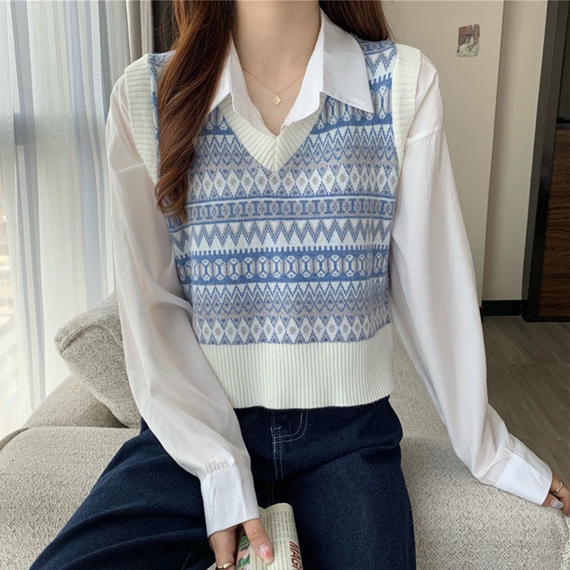 Áo gile len nữ , áo len không tay cổ chữ V họa tiết thổ cẩm phong cách Hàn Quốc đẹp | BigBuy360 - bigbuy360.vn