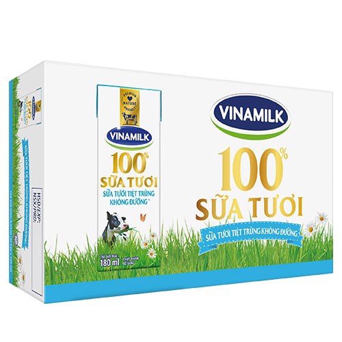 THÙNG 48 HỘP SỮA TƯƠI TIỆT TRÙNG VINAMILK 100% KHÔNG ĐƯỜNG 180ML