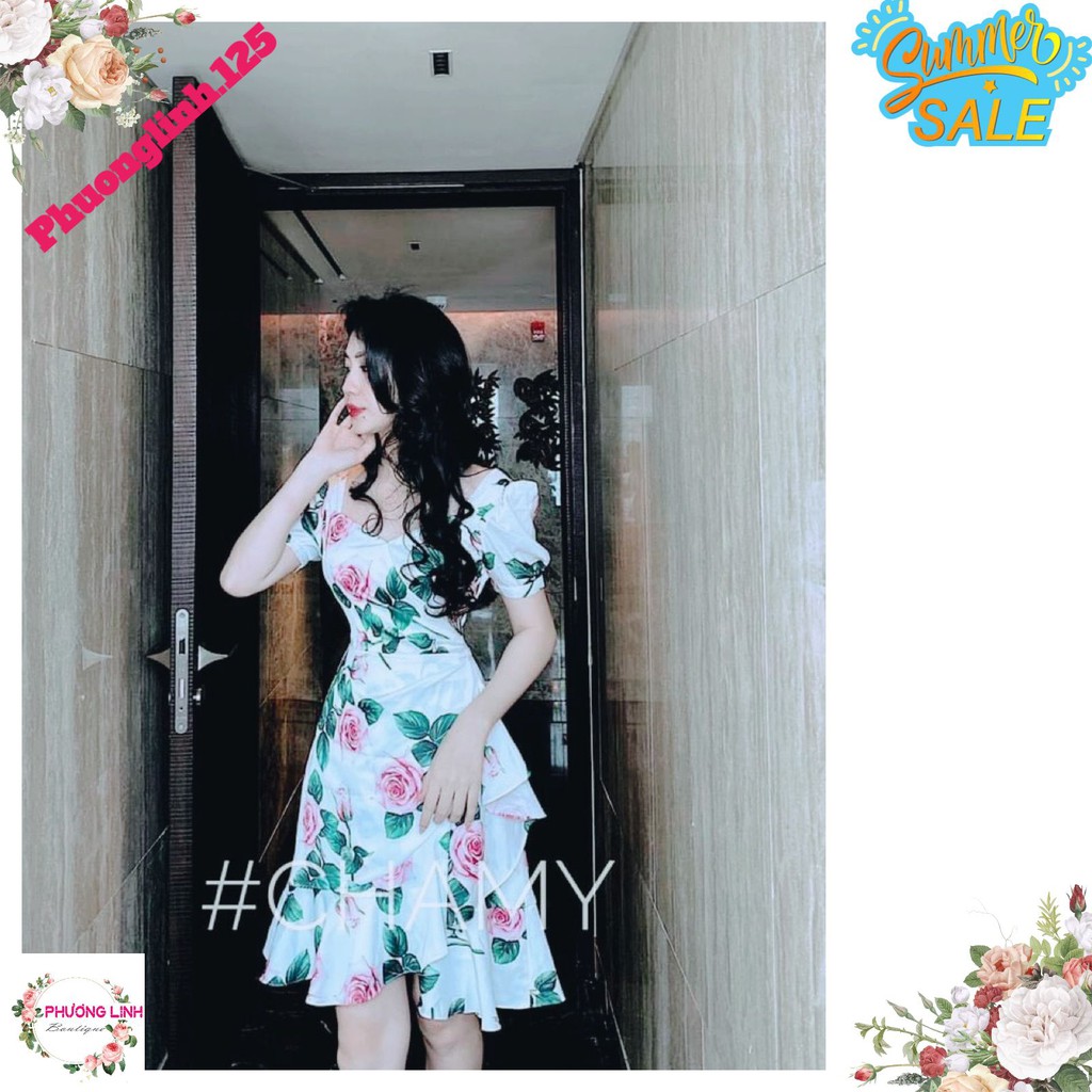 VÁY TRẮNG HOA HỒNG VẠT BÈO ĐUÔI CÁ | BigBuy360 - bigbuy360.vn