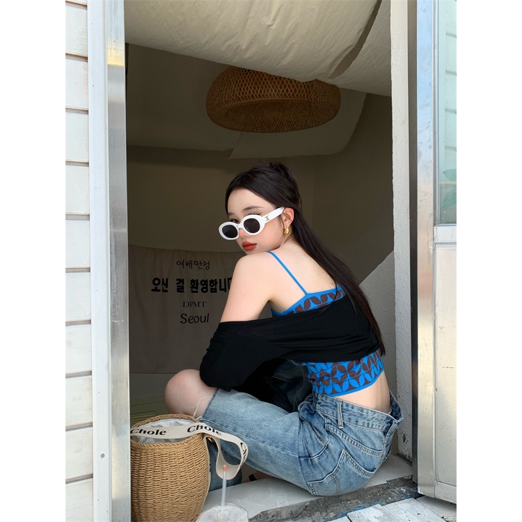 Set Áo Hai Dây + Áo Cardigan Dệt Kim Màu Sắc Tương Phản Phong Cách Hàn Quốc Thời Trang Cho Nữ