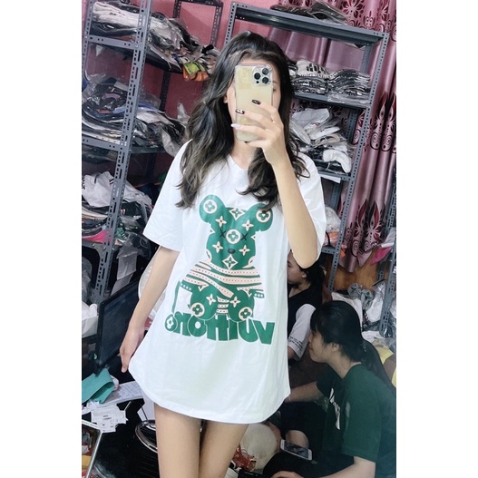 Áo phông gấu xanh quấn dây Luôn Vui Tươi BIGOMALL - Áo thun nam nữ unisex ngắn tay freesize 55kg