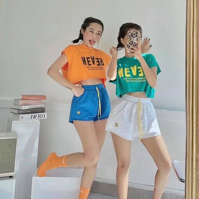 Quần đùi thể thao thêu hình mặt cười cực xinh , chất thun da cá mềm mịn