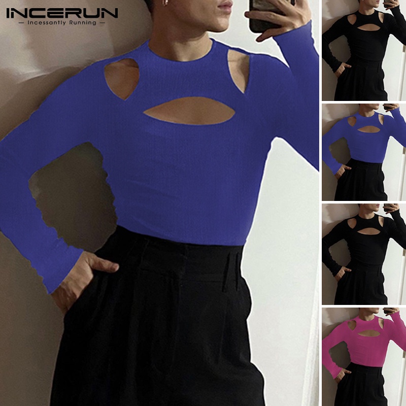 Áo thun nam INCERUN ôm dáng màu trơn tay dài cắt xẻ táo bạo