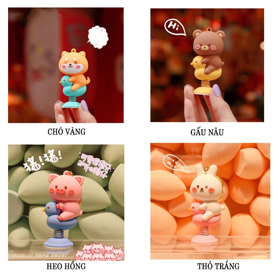 Móc khóa thú nhún dễ thương: gấu thỏ chó shiba gấu nâu biểu cảm đáng yêu dùng trang trí balo túi xách, làm quà tặng-Ráp