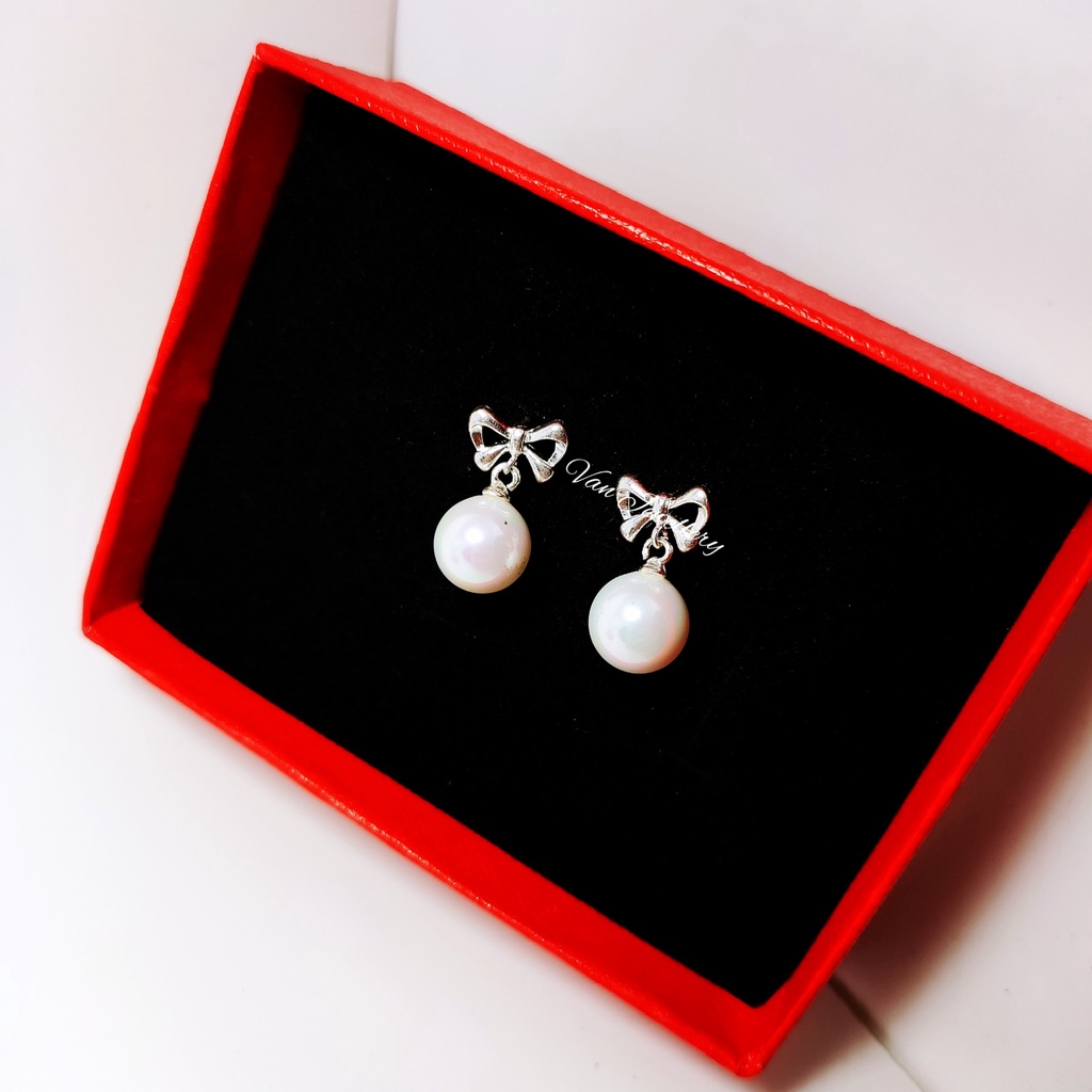 Bông tai bạc Bông Nơ treo Ngọc Trai nhân tạo Van Jewelry V10083 kiểu dáng Công Chúa xinh xắn