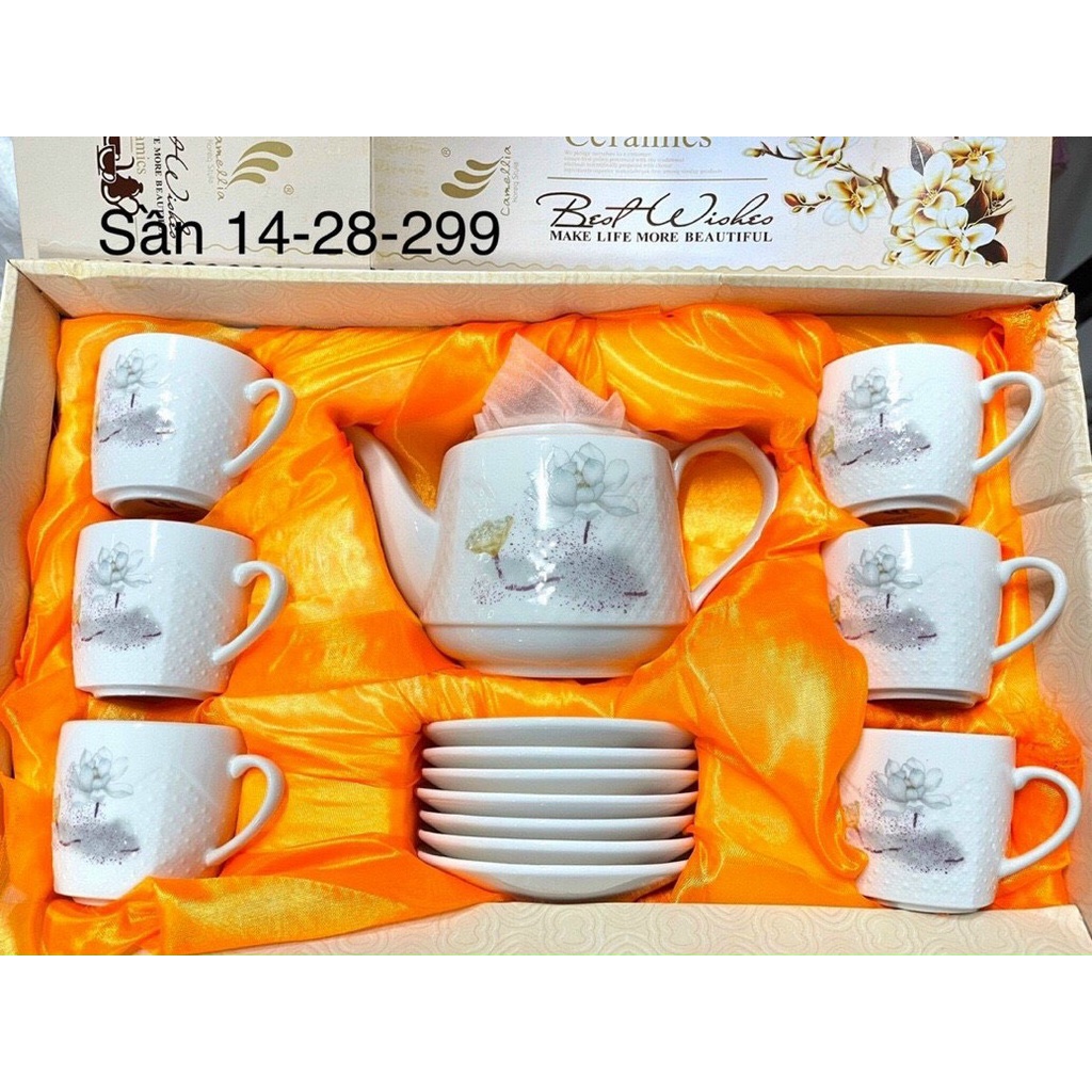 BỘ ẤM VÀ TÁCH TRÀ SỨ TRÁNG MEN CAO CẤP HÀN QUỐC GỒM 6 TÁCH KÈM 6 ĐĨA LÀM QUÀ TẶNG TUYỆT VỜI