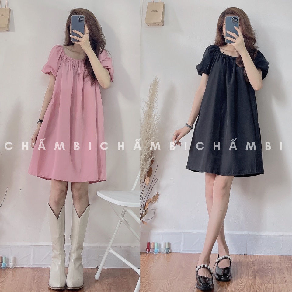 Váy kiểu Hàn Quốc V.083, Váy babydoll dáng ngắn cổ vuông tay bồng buộc nơ lưng hai màu đen hồng | BigBuy360 - bigbuy360.vn