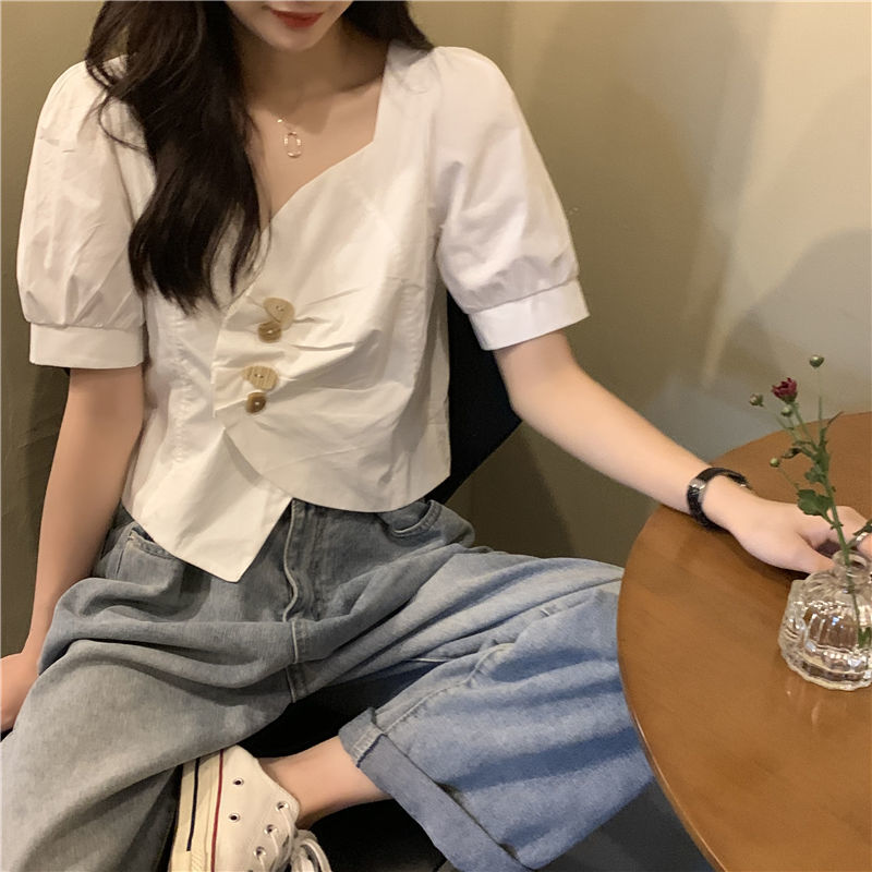 Short White Shirt Women's Design Sense Niche Puff Short Sleeve Top