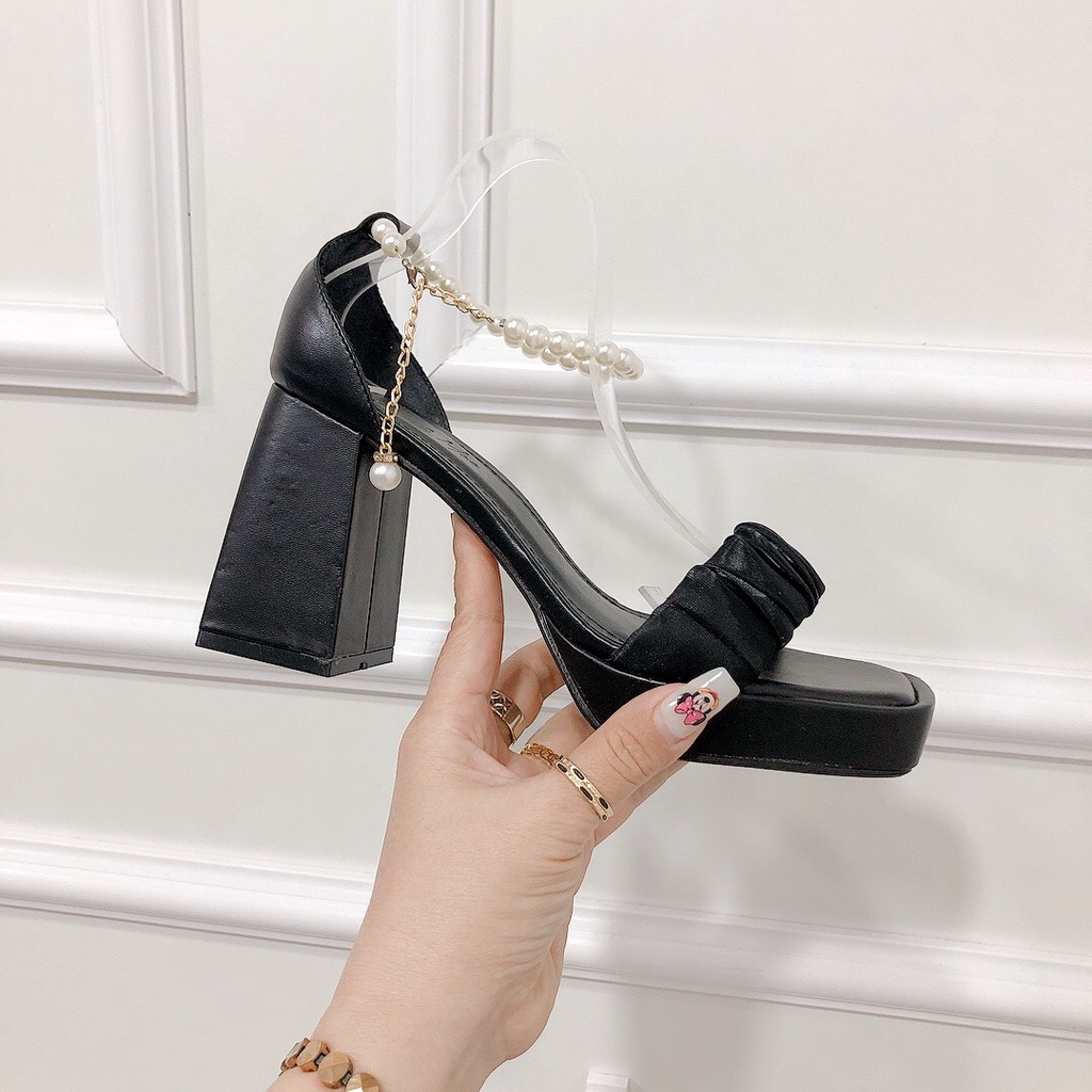 Sandal Cao Gót 9p Quai Nhúm Vòng Ngọc Cổ Chân Hàng Chuẩn Lên Tôn Dáng - Chị Chảnh Store
