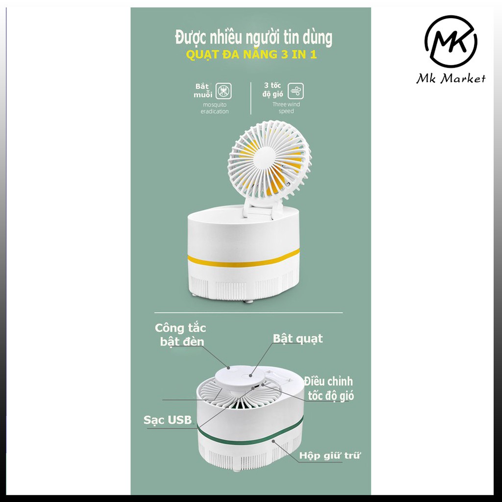 Quạt mini để bàn tích điện, quạt mini cầm tay kiêm đèn bắt muỗi công nghệ đèn Led 3 tốc độ gió