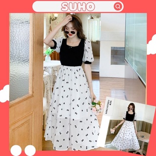 Váy hoa nhí cổ vuông hoa nhí đen hoa nhí dáng dài SUHO VD007