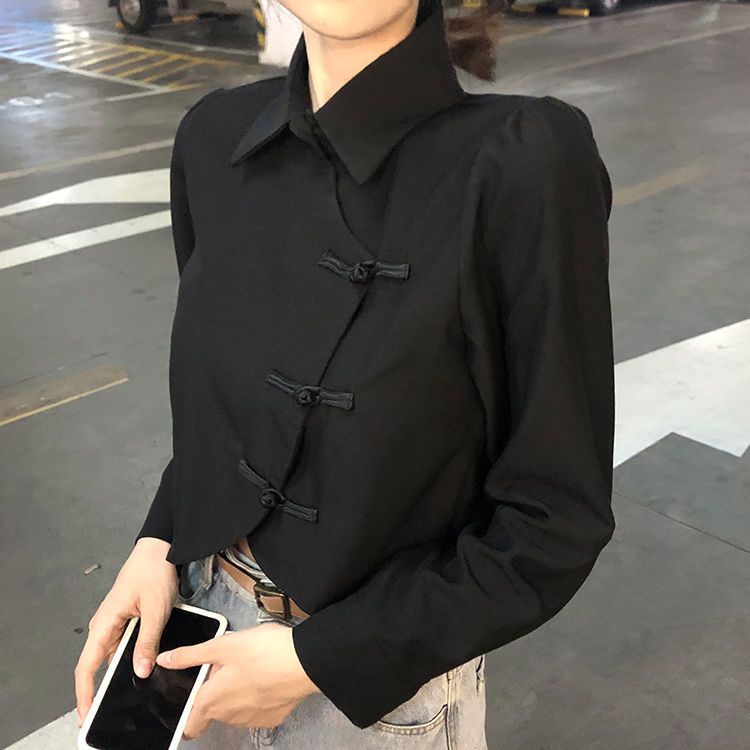 Áo Sơ Mi Ngắn Tay Dài Màu Đen Phối Nút Thời Trang Vintage Trung Hoa