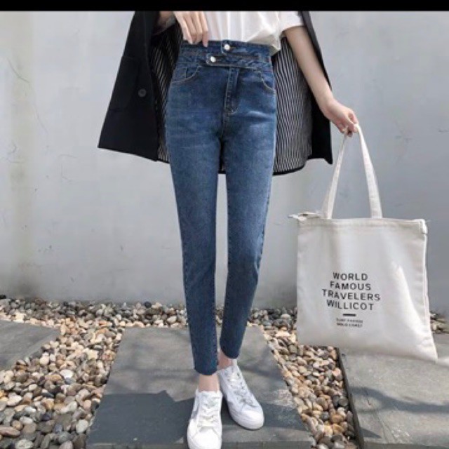 [Size 32-36] Quần Bò Cạp Cao 2 Nút / Jeans Lưng Siêu Cao Trên Rốn XANH ĐẬM