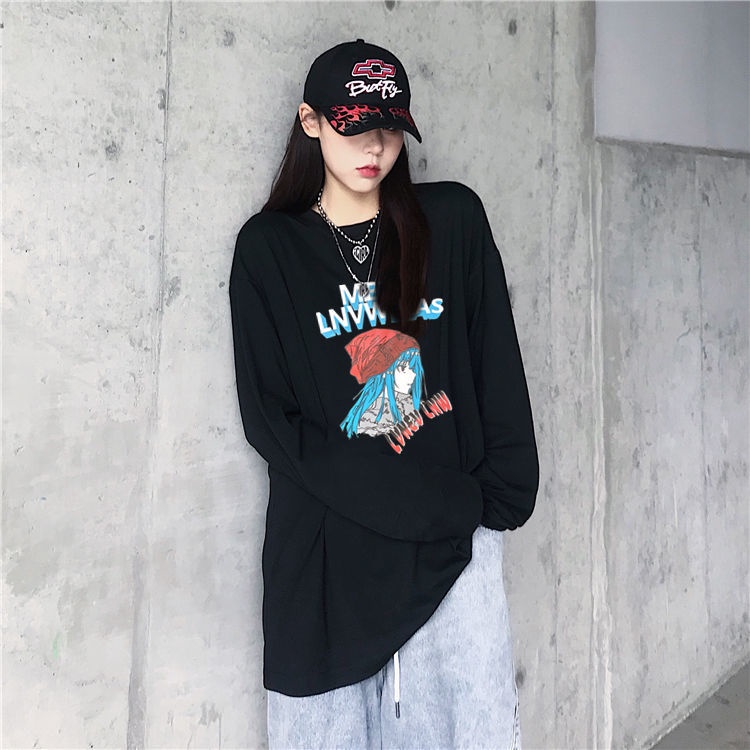 NRVP Áo Thun 100% Cotton Tay Dài Dáng Rộng In Họa Tiết Phong Cách Hàn Quốc Cho Nữ