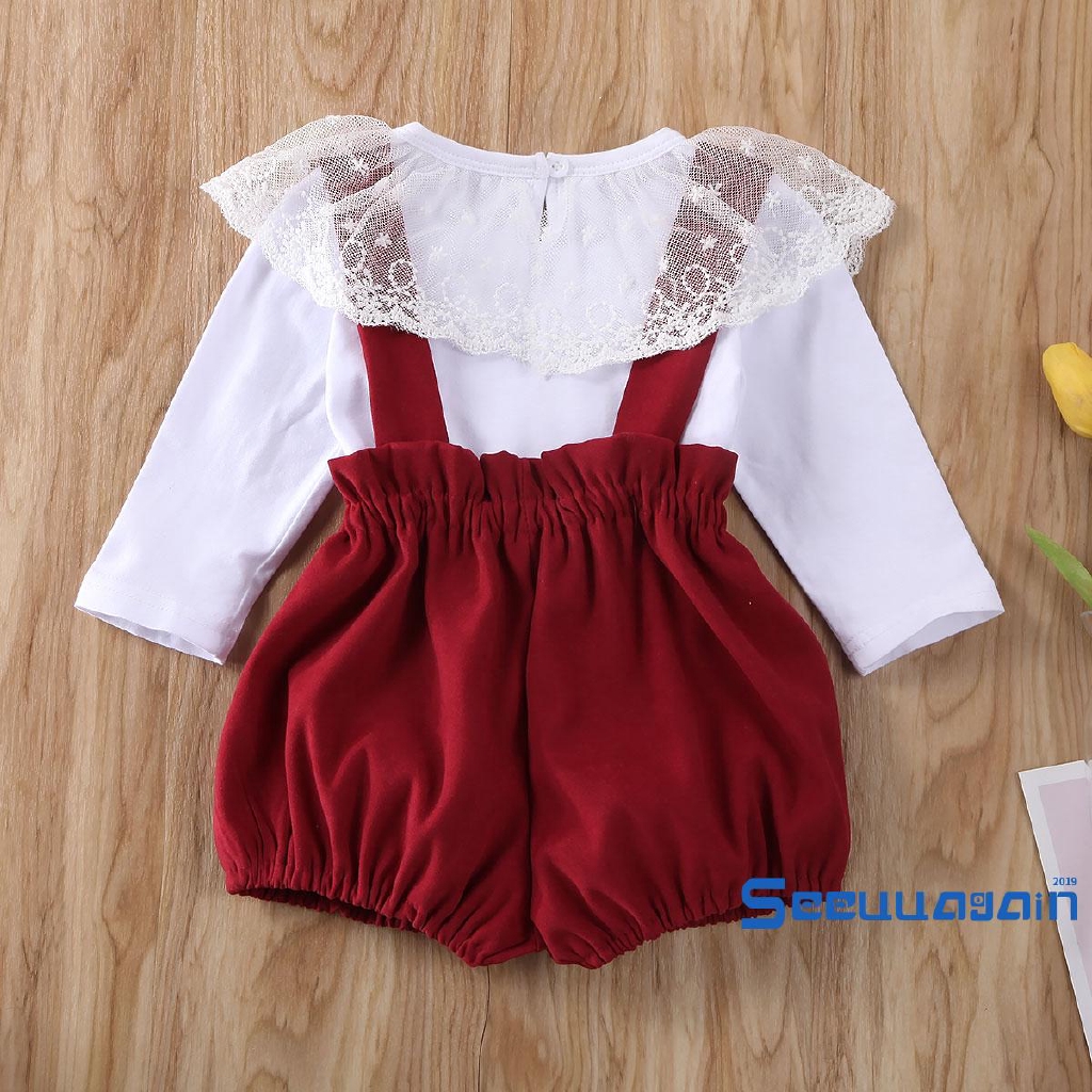 Set áo dài tay phối lưới + quần đùi yếm xinh xắn cho bé gái từ 0-24 tháng tuổi
