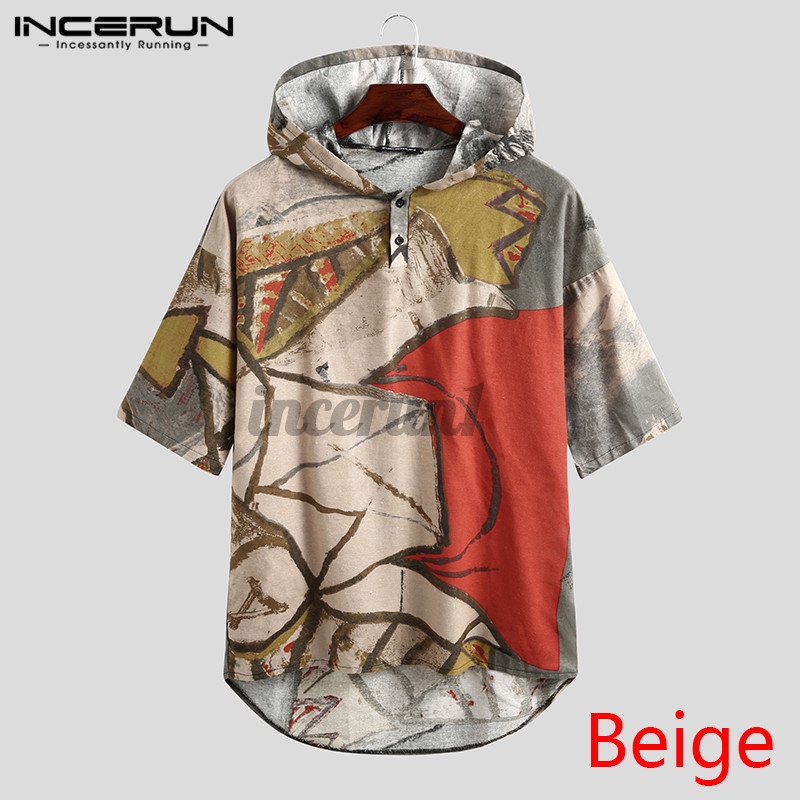 Áo Hoodie INCERUN Tay Ngắn In Họa Tiết Thổ Cẩm Dành Cho Nam | BigBuy360 - bigbuy360.vn