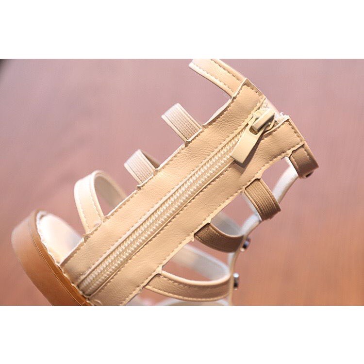 Sandal chiến binh bé gái - dép quai hậu cổ cao đế mềm chống trượt hở ngón đính đinh tán có khóa kéo da PU QCCC 370(26-35