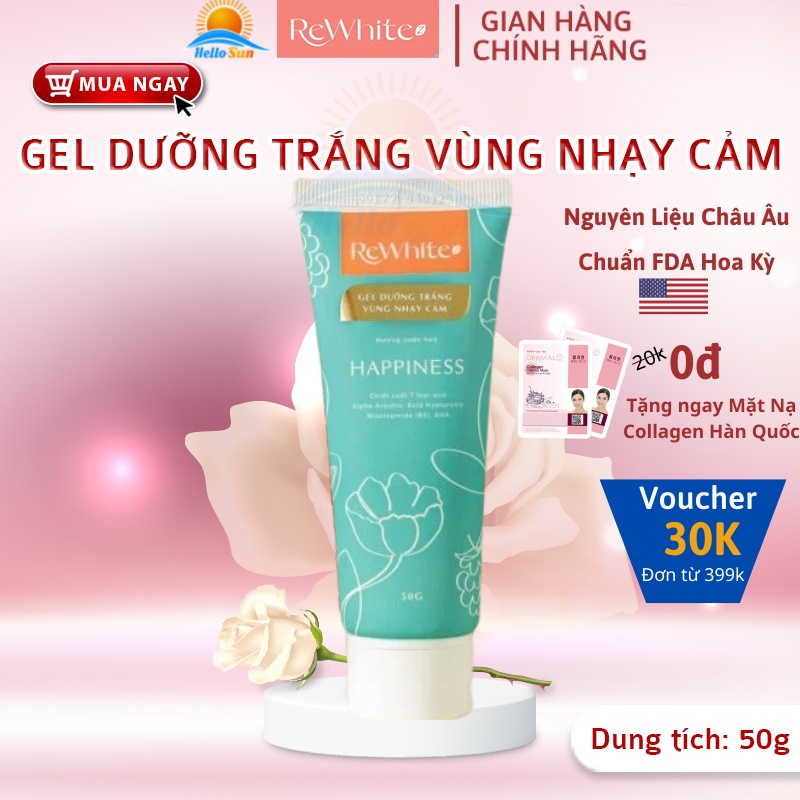 Gel dưỡng trắng mờ thâm Rewhitez giảm mờ thâm nách đầu gối mông mụn làm hồng vùng kín nhũ hoa- 50G Happiness tuýp xanh