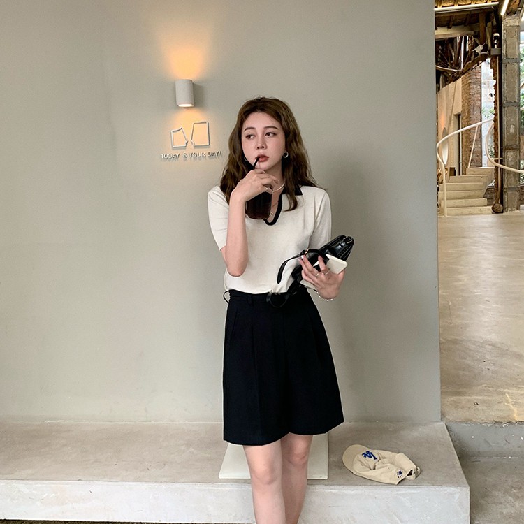 Xiaozhainv áo polo Dệt Kim Tay Ngắn Phong Cách Retro Hàn Quốc Thời Trang Cho Nữ 2 Màu Lựa Chọn