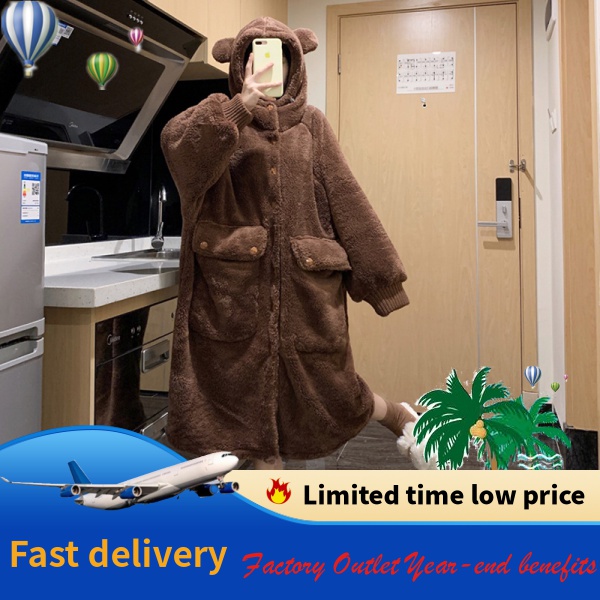 {Nightgown} Bộ Đồ Ngủ Vải Lông Hai Mặt Có Mũ Trùm Đầu Hình Gấu Dễ Thương Mặc Ở Nhà Ngoài Trời Thời Trang Thu Đông Cho Nữ 4JA9 * & & *