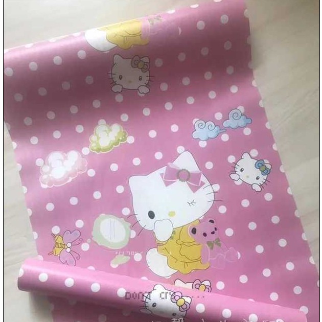 Giấy Dán Tường Hồng Kitty ôm gấu Khổ 45cm  - giá bán 1 mét