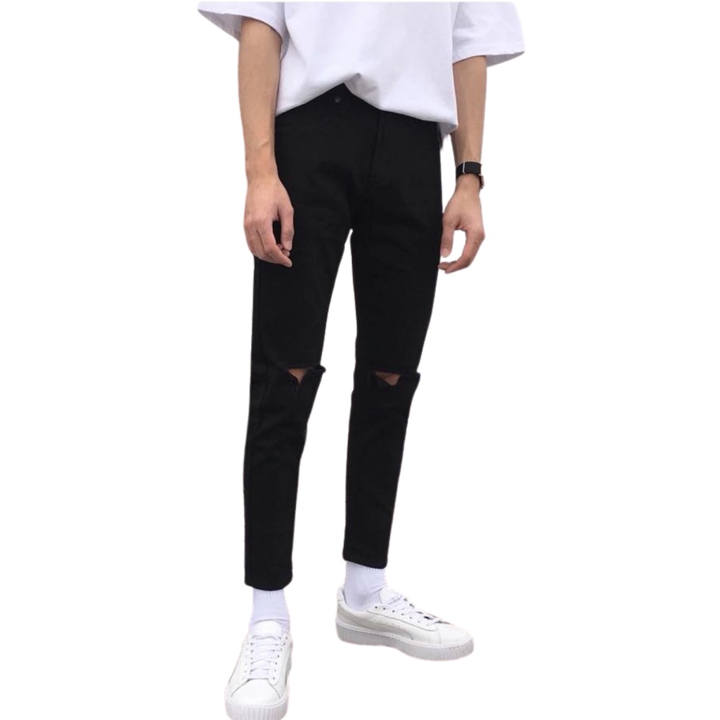 Quần Jean Nam VN CLO đen trơn rách gối - QJ004