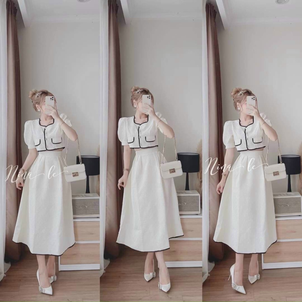 Sét Bộ 2 Món Áo Cài Nút Kèm Chân Váy Xòe Dài Y Hình Chất Xốp Nhật Mặc Đẹp Tôn Dáng [NEW UNISEX]