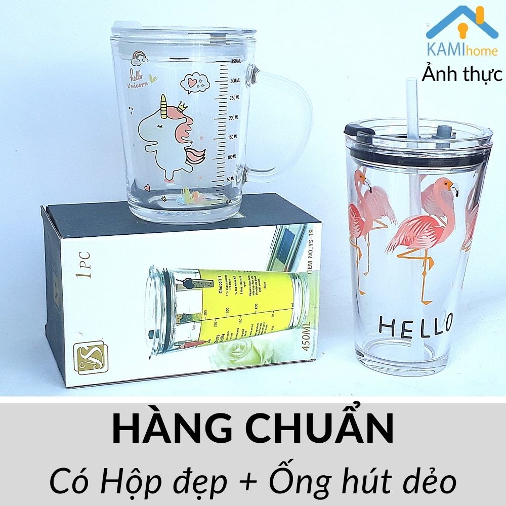 Ly thủy tinh chịu nhiệt nóng lạnh có Nắp và Ống hút (Nhiều mẫu) KM22013.22024