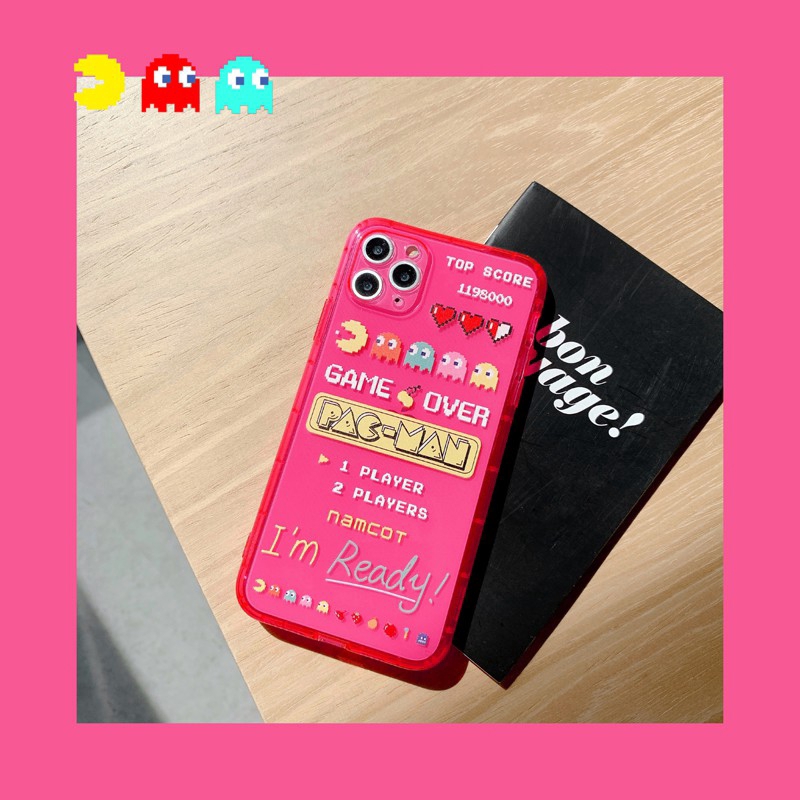 Fluorescence Color iPhone Case 11 Pro Max 7/8 Plus X XR XS Max Phone Case Cute Pac-Man Retro Game Pacman Apple Cover Couple Transparent Clear Casing Camera Protector Shockproof Shell