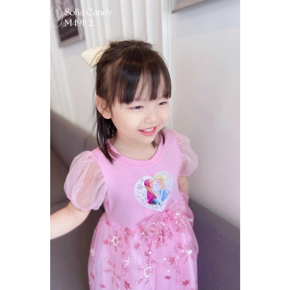 Váy công chúa esla, đầm elsa thiết kế 3 lớp tay bồng thun cotton xược phối voan 2 màu hồng xanh