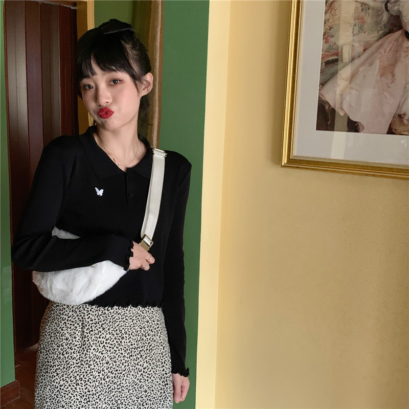 SUXI BUTTERFLY Áo Sơ Mi Dệt Kim Tay Dài Hoạ Tiết Bướm Thêu Nhiều Màu Sắc Phong Cách Retro