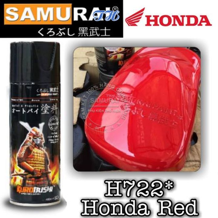 Combo 4 chai sơn samurai màu đỏ honda H722 gồm: lót xám uch210 - nền 2/102 - màu H722- phủ bóng k1k - giấy nhám p800