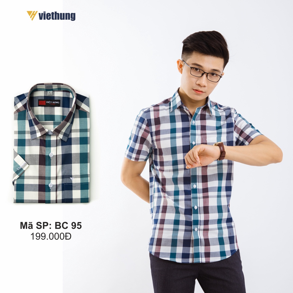 Áo Sơ Mi Nam Công Sở Thương Hiệu Việt Hưng Họa Tiết Caro Xanh Trắng Ngắn Tay Vải Cotton - BC95