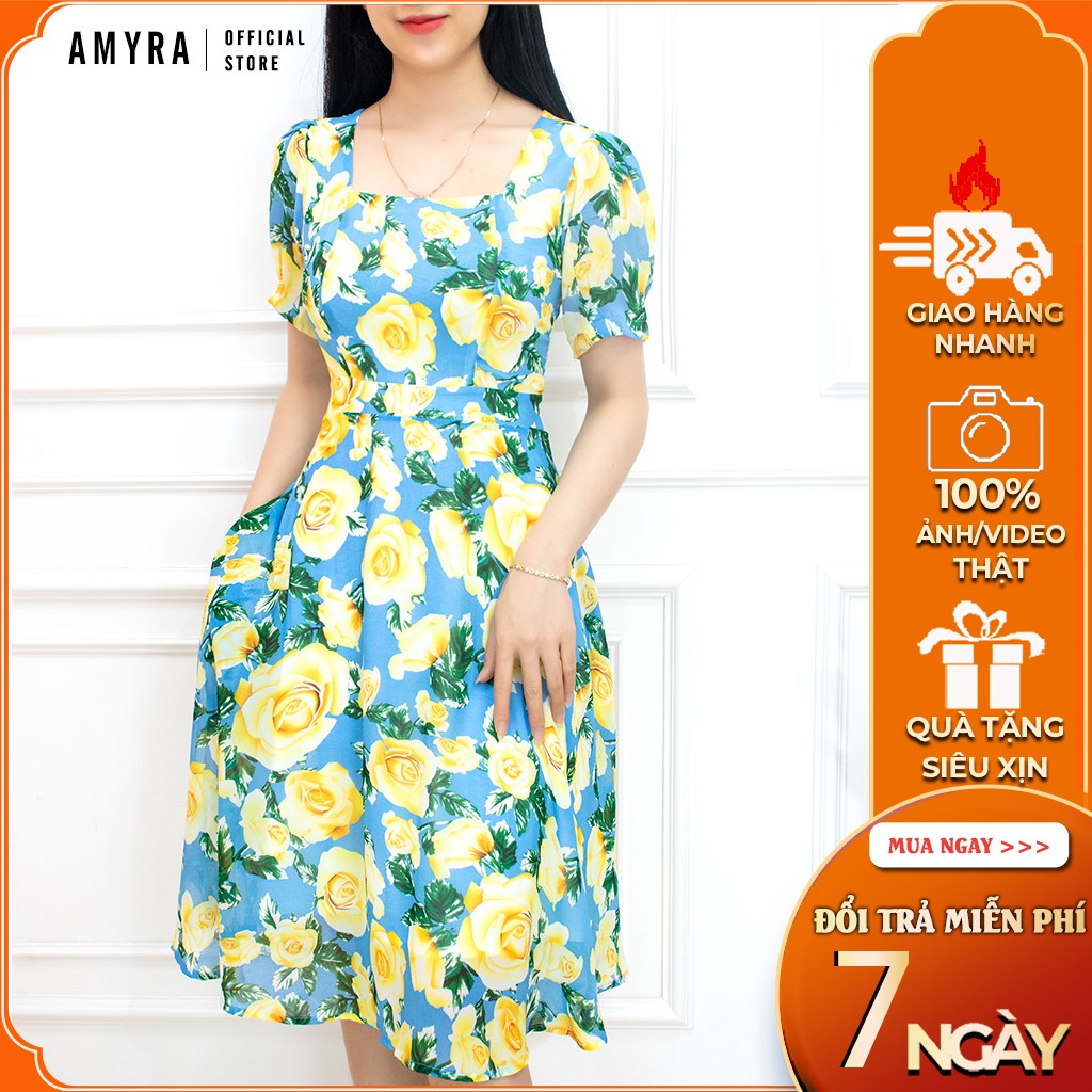 Đầm hoa thiết kế công sở cao cấp [FREESHIP] Váy xòe nữ dự tiệc sang trọng - AMYRA Da038