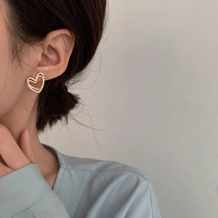 Bông tai hai lớp hình trái tim rỗng đơn giản sang trọng chất lượng cao