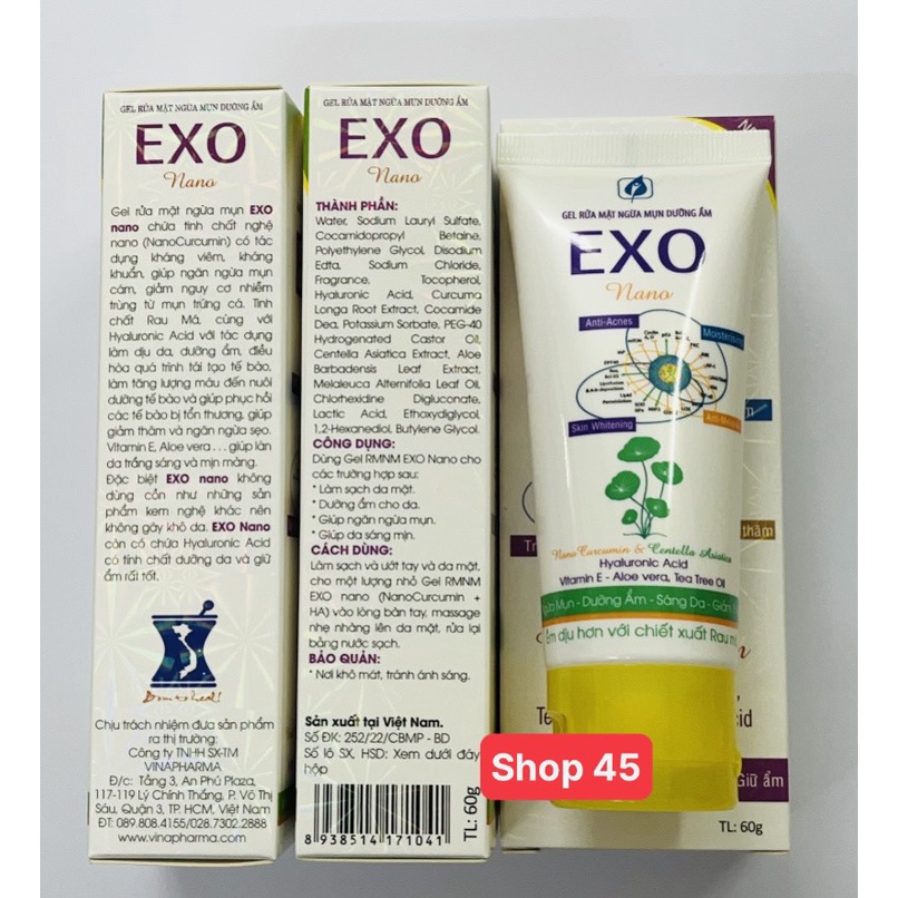 Gel rửa mặt  NGỪA MỤN , DƯỠNG ẨM EXO NANO 60gr