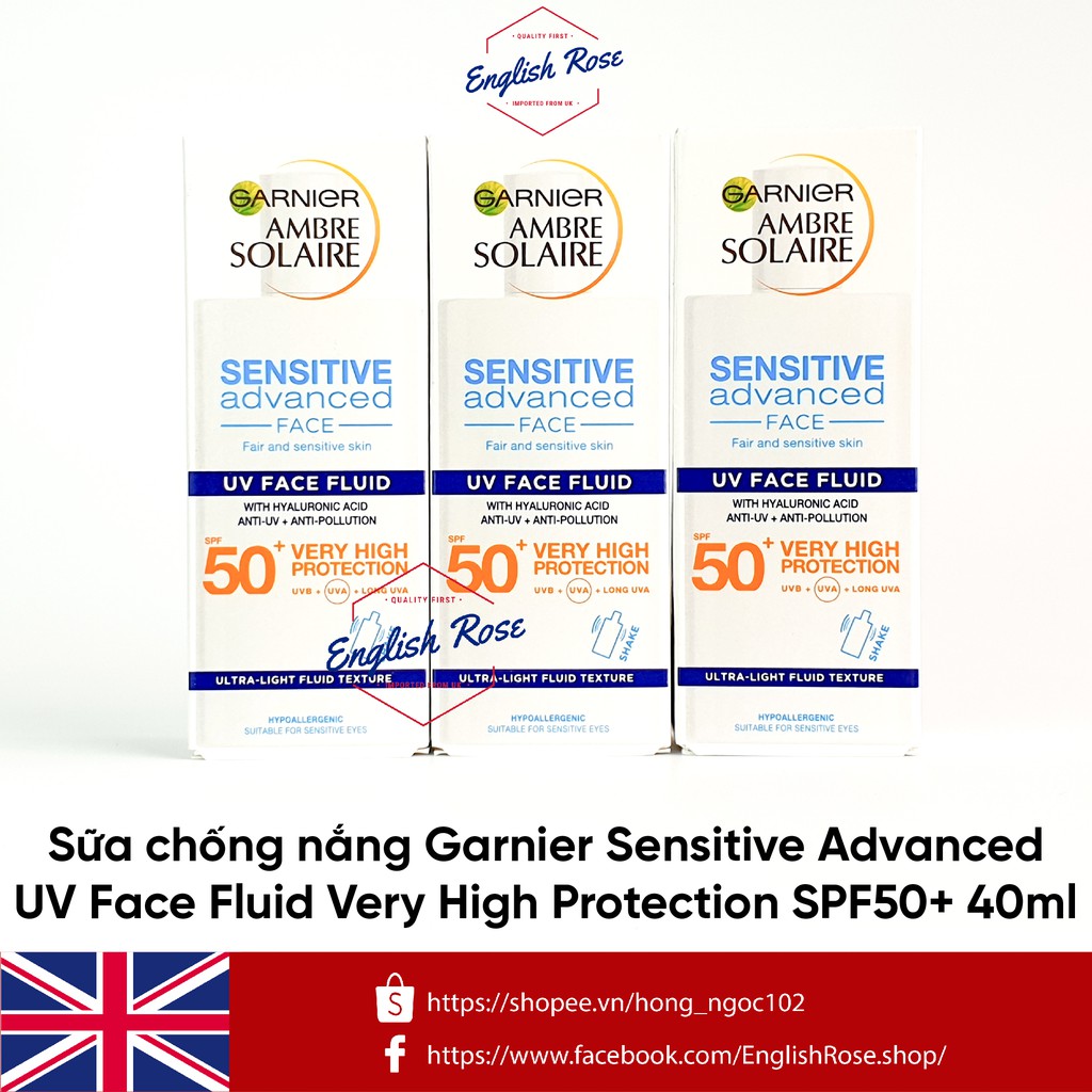 Kem chống nắng ráo mặt nội địa UK Garnier Ambre Solaire Ultra-Light Sensitive Sun Protection Fluid SPF50+ 40ml