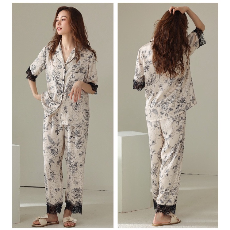 ANF8267 Bộ pyjama nữ ngắn tay phối ren chất lụa hàng nhập