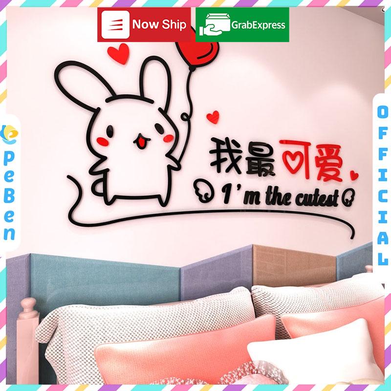 Tranh dán tường mica 3d decor khổ lớn chú thỏ trái tim màu đỏ kute Nhiều Size - EPeBen
