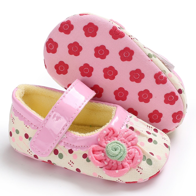 Giày Tập Đi Cotton Mềm Mại Chống Trượt Màu Trơn Đính Hoa Hồng Dành Cho Bé Gái Sơ Sinh