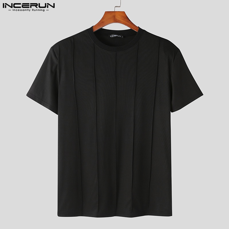 Áo thun INCERUN dệt kim ngắn tay cổ tròn màu trơn thời trang hè cho nam