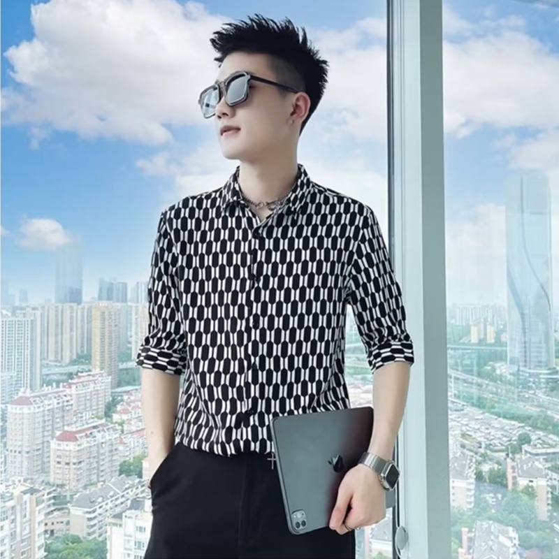 Áo Sơ Mi Lụa Lạnh Tay Ngắn Màu Đen Thời Trang Mùa Hè Cho Nam Giới Có Size M-3XL