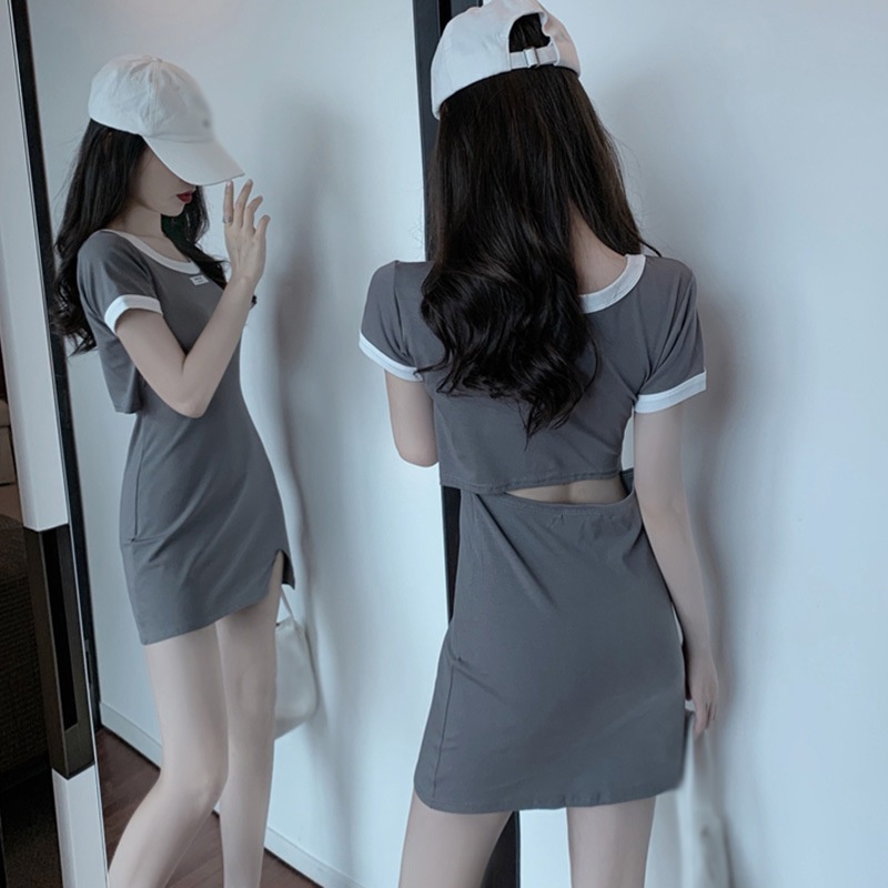 Đầm ôm cổ tròn xẻ tà thời trang Hàn Quốc