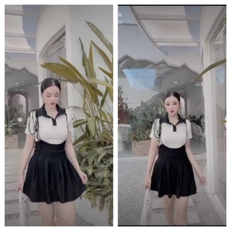 Set váy xếp ly + áo cổ polo