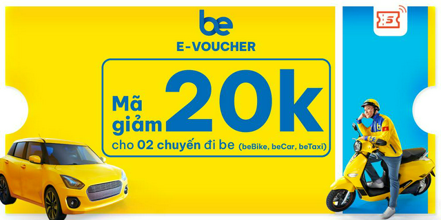 [E-voucher] Mã ưu đãi 20k x 2 chuyến beBike, beCar và beTaxi trên ứng dụng Be