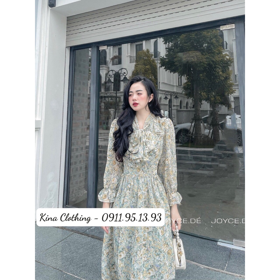 Đầm nữ maxi dáng dài cổ nơ đính ngọc voan hoa nhí D06-1