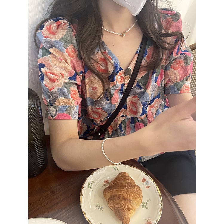 Áo Sơ Mi Tay Ngắn Phồng Họa Tiết Hoa Thời Trang Dành Cho Nữ